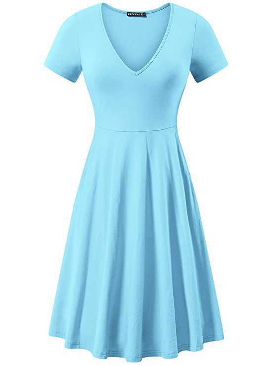 Damen A-Linien Kleid mit tiefem V-Ausschnitt und kurzem Ärmel Heidi-Mode