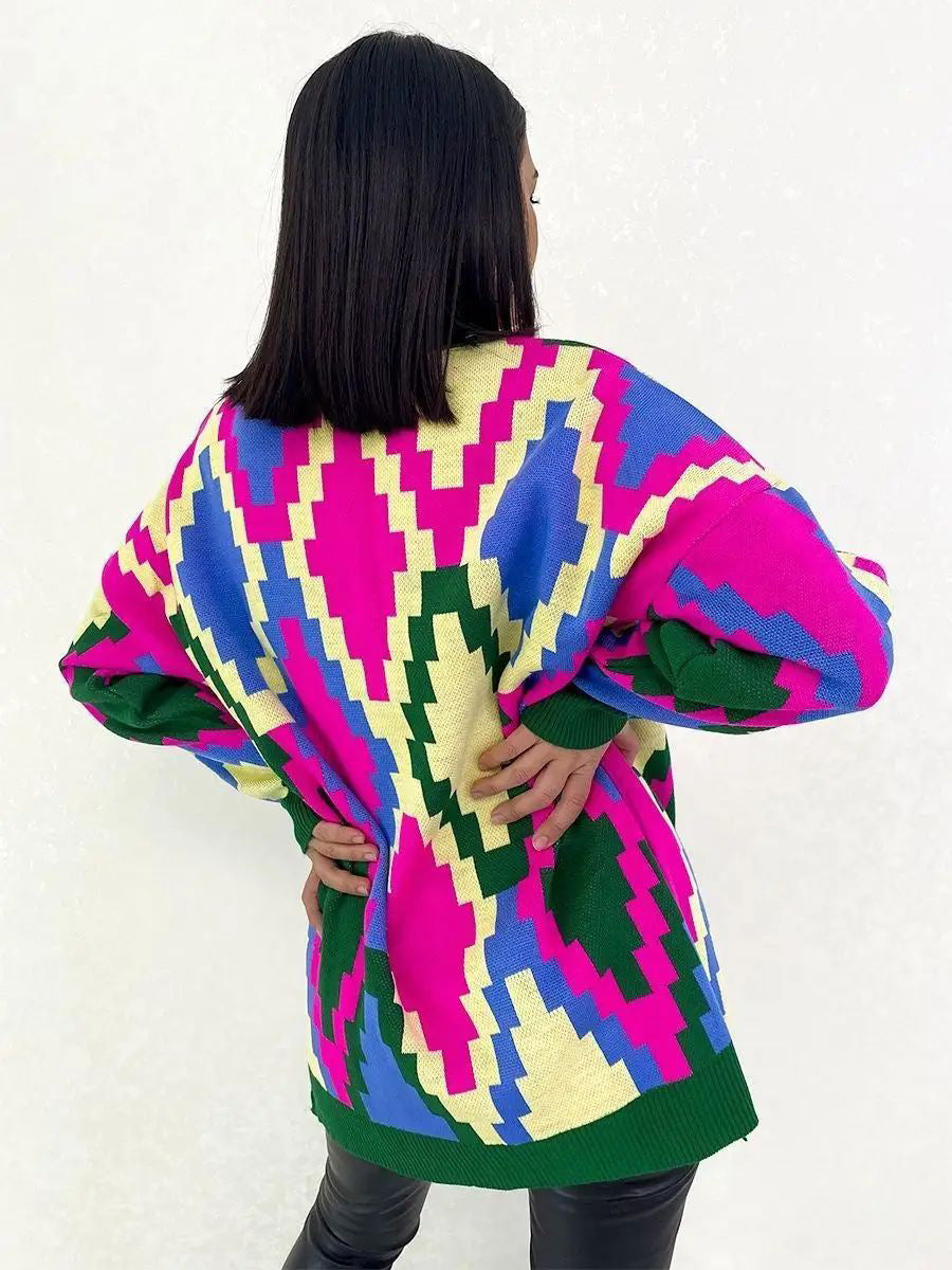 Damen Oversized Strickpullover mit grafischem Jacquard-Muster und lässigem Schnitt Heidi-Mode