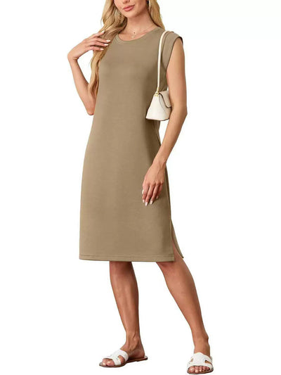 Damen Freizeitkleid mit eleganten Seitenschlitzen und Rundhalsausschnitt Heidi-Mode