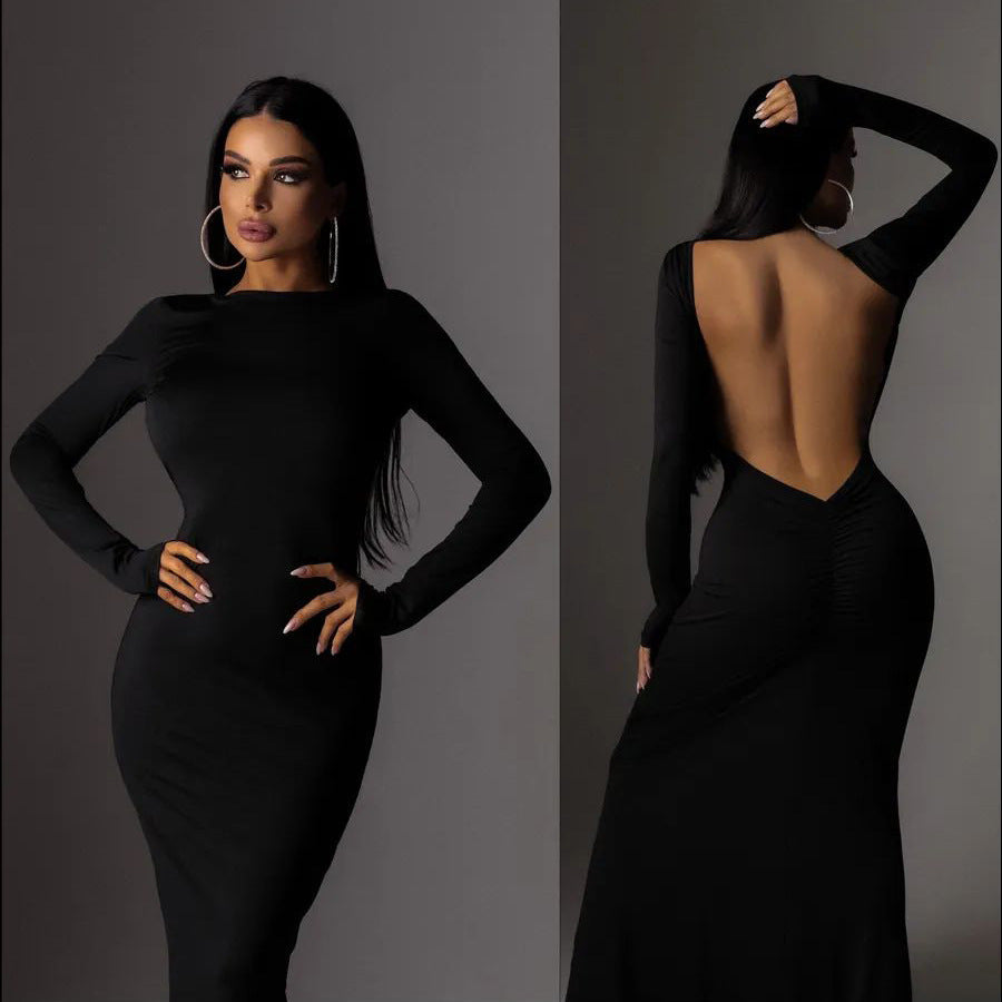 Damen Elegantes Maxikleid mit tiefem Rückenausschnitt und langen Ärmeln Heidi-Mode