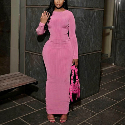 Damen figurbetontes Maxikleid mit elegantem Rundhalsausschnitt und langen Ärmeln Heidi-Mode