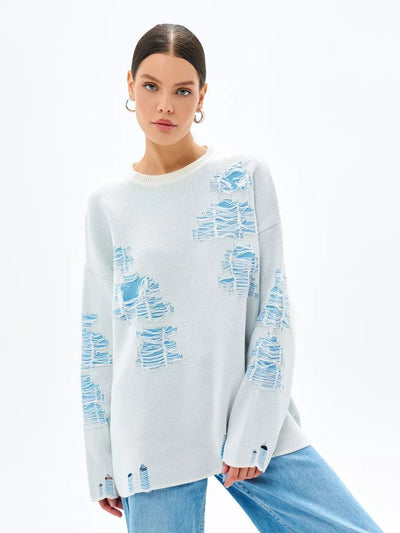 Damen Oversized Strickpullover mit modernem Distressed-Design und lässigen Fransen Heidi-Mode