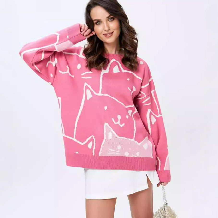 Damen lässiger Pullover mit modernem Katzendesign und oversized Passform Heidi-Mode