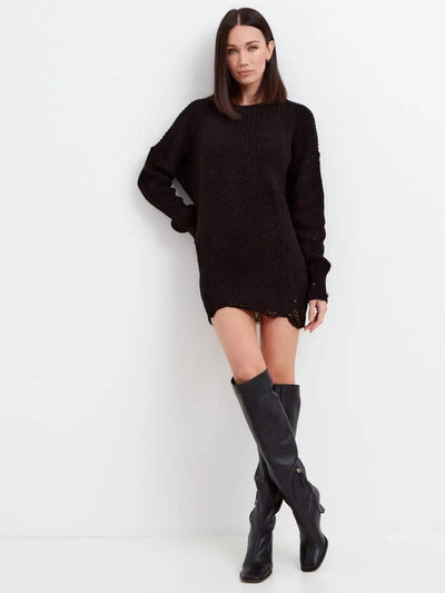 Damen lässiges Strickkleid mit weitem Schnitt und ausgefransten Säumen Heidi-Mode