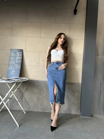 Damen Midirock mit seitlichem Schlitz und fransigem Saum Heidi-Mode