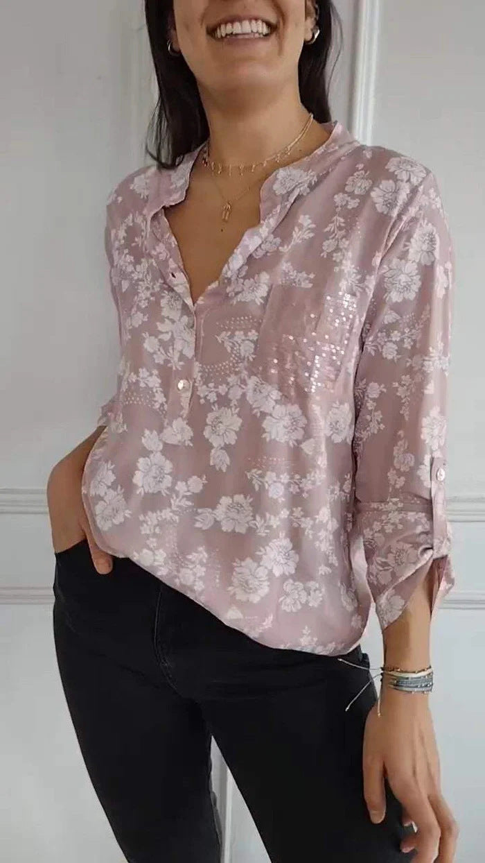 Damen Bluse mit floralem Design und funkelnden Pailletten Heidi-Mode