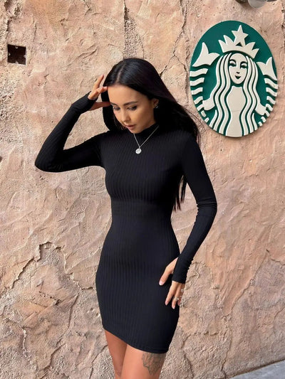 Damen figurbetontes Strickkleid mit hohem Rollkragen und feiner Rippstruktur Heidi-Mode