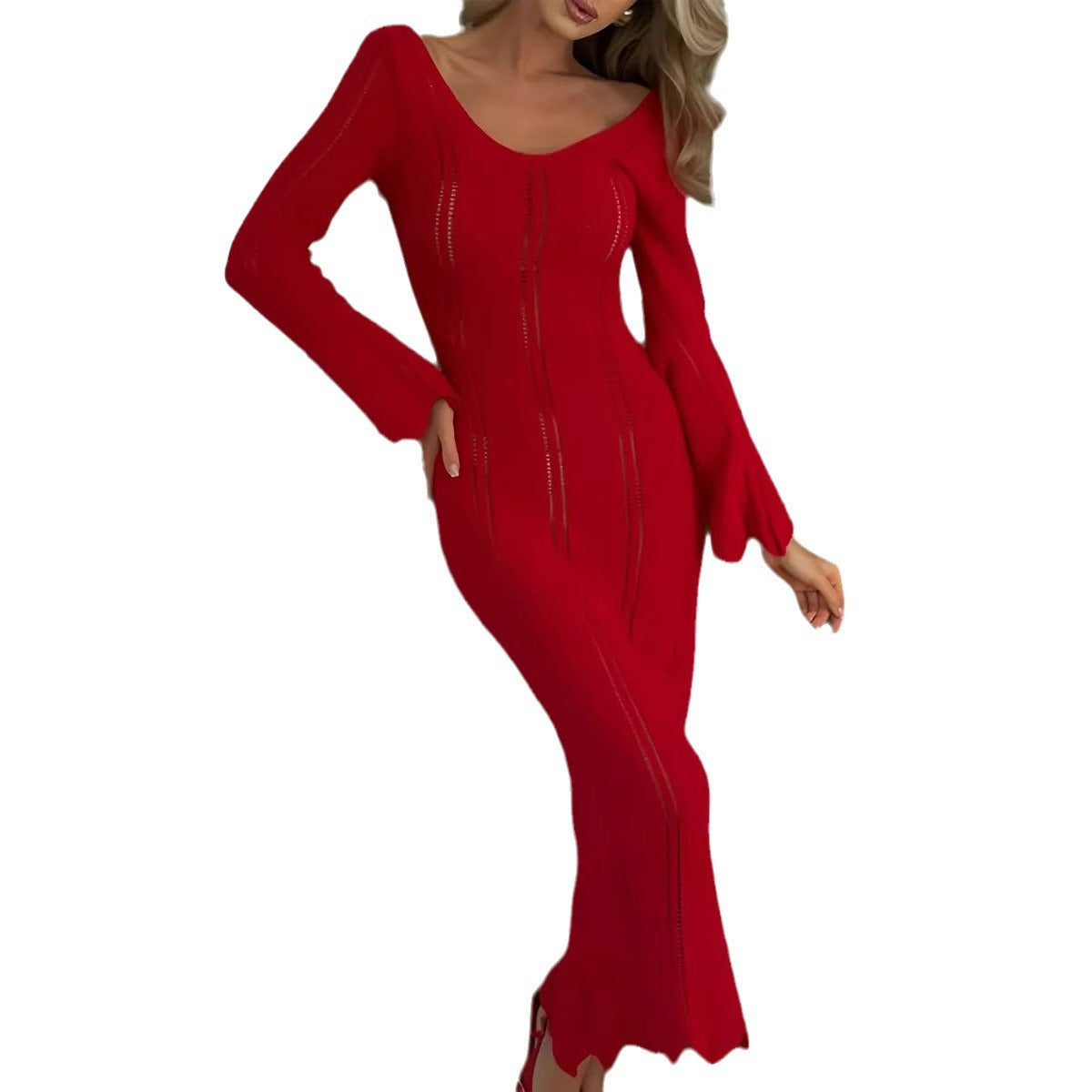 Damen Strickkleid mit tiefem V-Ausschnitt und weitem Arm Heidi-Mode