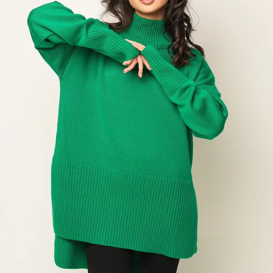 Damen lässiger Rollkragenpullover mit seitlichen Schlitzdetails und strukturiertem Design Heidi-Mode