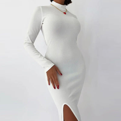 Damen elegantes Strickkleid mit hochgeschlossenem Rollkragen und seitlichem Schlitz Heidi-Mode