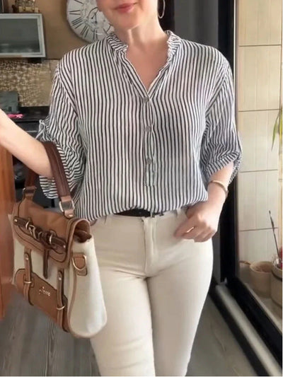Damen lässige Bluse mit Knopfleiste und Streifenmuster Heidi-Mode