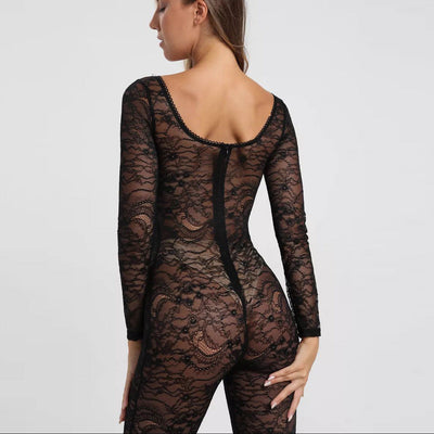 Damen figurbetonter Jumpsuit aus Spitze mit raffinierten Tülldetails Heidi-Mode