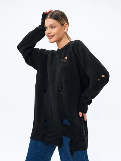 Damen Oversized Strickpullover mit Fransen und Loch-Design Heidi-Mode