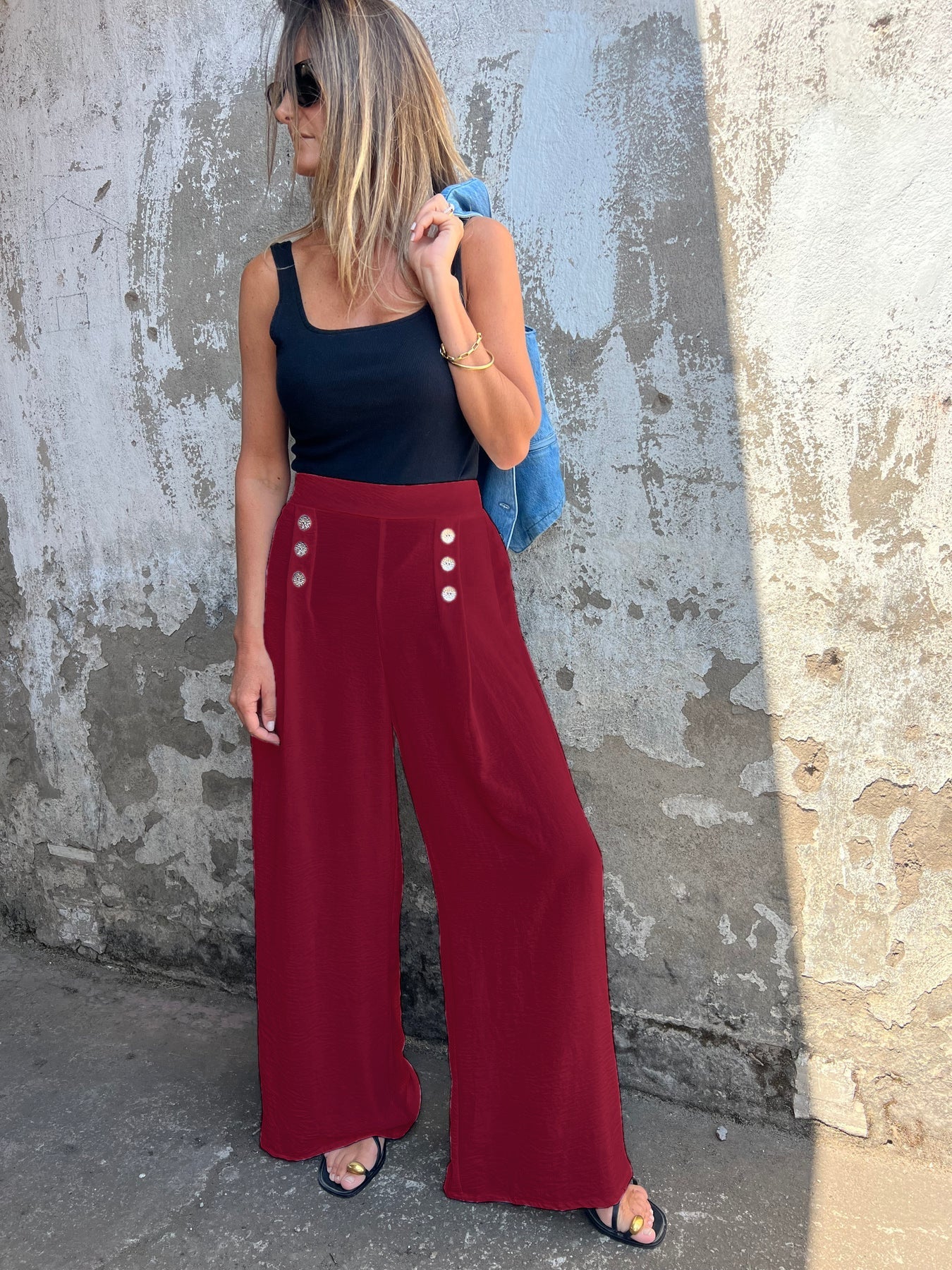 Damen High-Waist Palazzo-Hosen mit modischen Knopfdetails Heidi-Mode