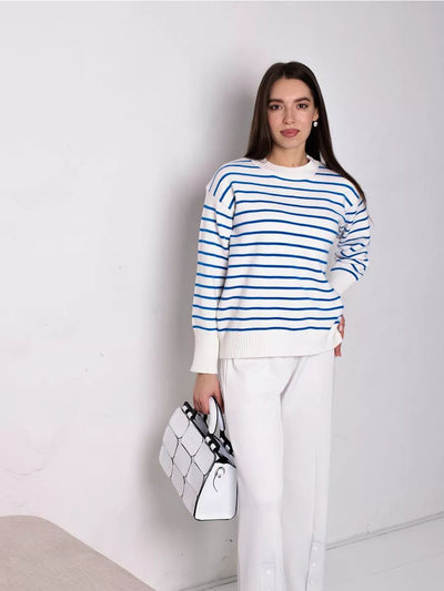 Damen lässiger Streifenpullover mit weitem Schnitt und hochgeschlossenem Rundhalsausschnitt Heidi-Mode