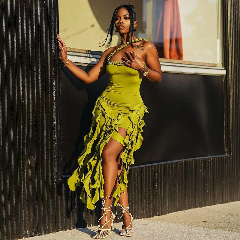 Damen Designer Minikleid mit aufregenden Fransen und schulterfreiem Schnitt Heidi-Mode