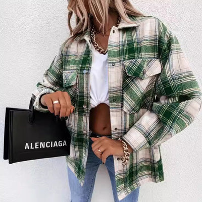 Damen Blockkariertes Overshirt mit zwei Brusttaschen und Druckknopfverschluss Heidi-Mode