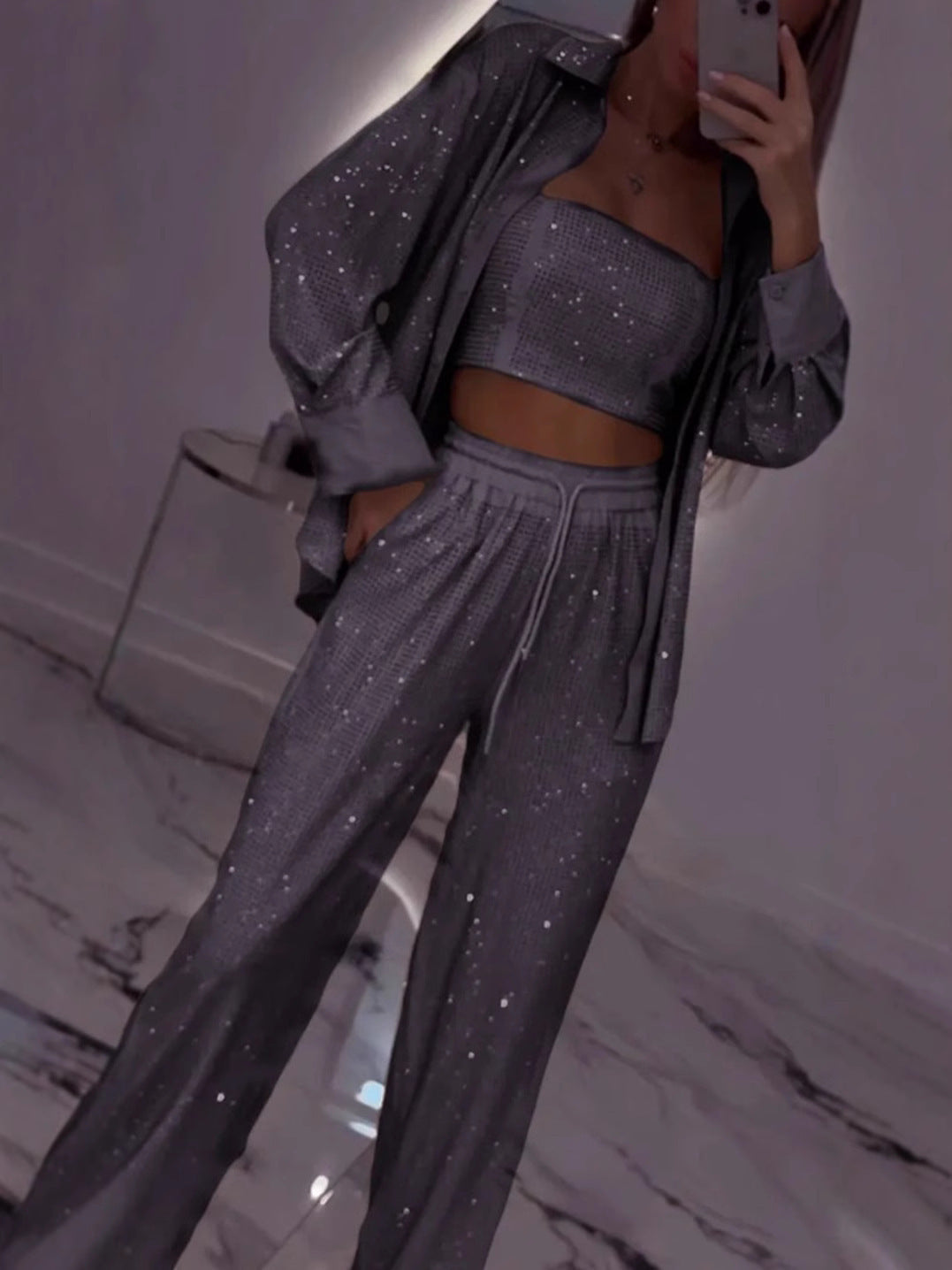 Damen Glitzerndes Lounge-Set mit modischer Jacke und komfortabler Hose Heidi-Mode