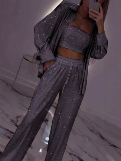 Damen Glitzerndes Lounge-Set mit modischer Jacke und komfortabler Hose Heidi-Mode