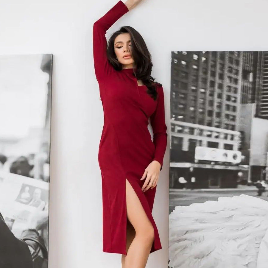 Damen figurbetontes Wickelkleid mit tiefem V-Ausschnitt und langem Schlitz Heidi-Mode