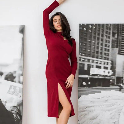 Damen figurbetontes Wickelkleid mit tiefem V-Ausschnitt und langem Schlitz Heidi-Mode