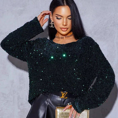 Damen Glitzerndes Oversized Oberteil mit funkelnden Pailletten Heidi-Mode