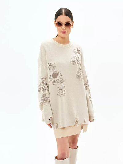 Damen Oversized Strickpullover mit modernem Distressed-Design und lässigen Fransen Heidi-Mode