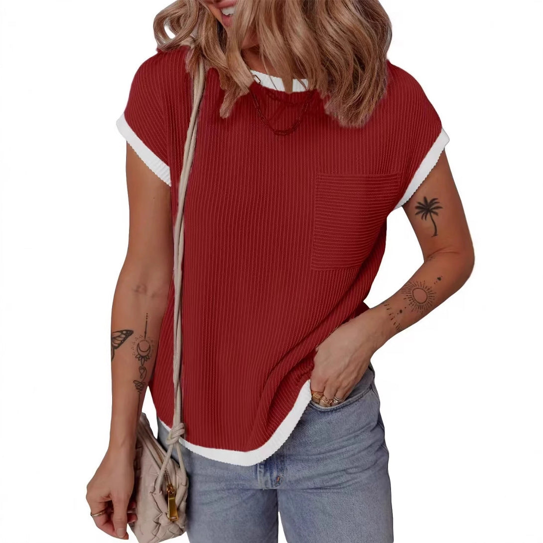 Damen lässiges Kurzarmshirt mit feiner Rippstruktur und praktischer Brusttasche Heidi-Mode