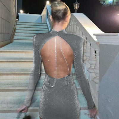 Damen schimmerndes Partykleid mit raffinierten Rückendetails und langem Arm Heidi-Mode