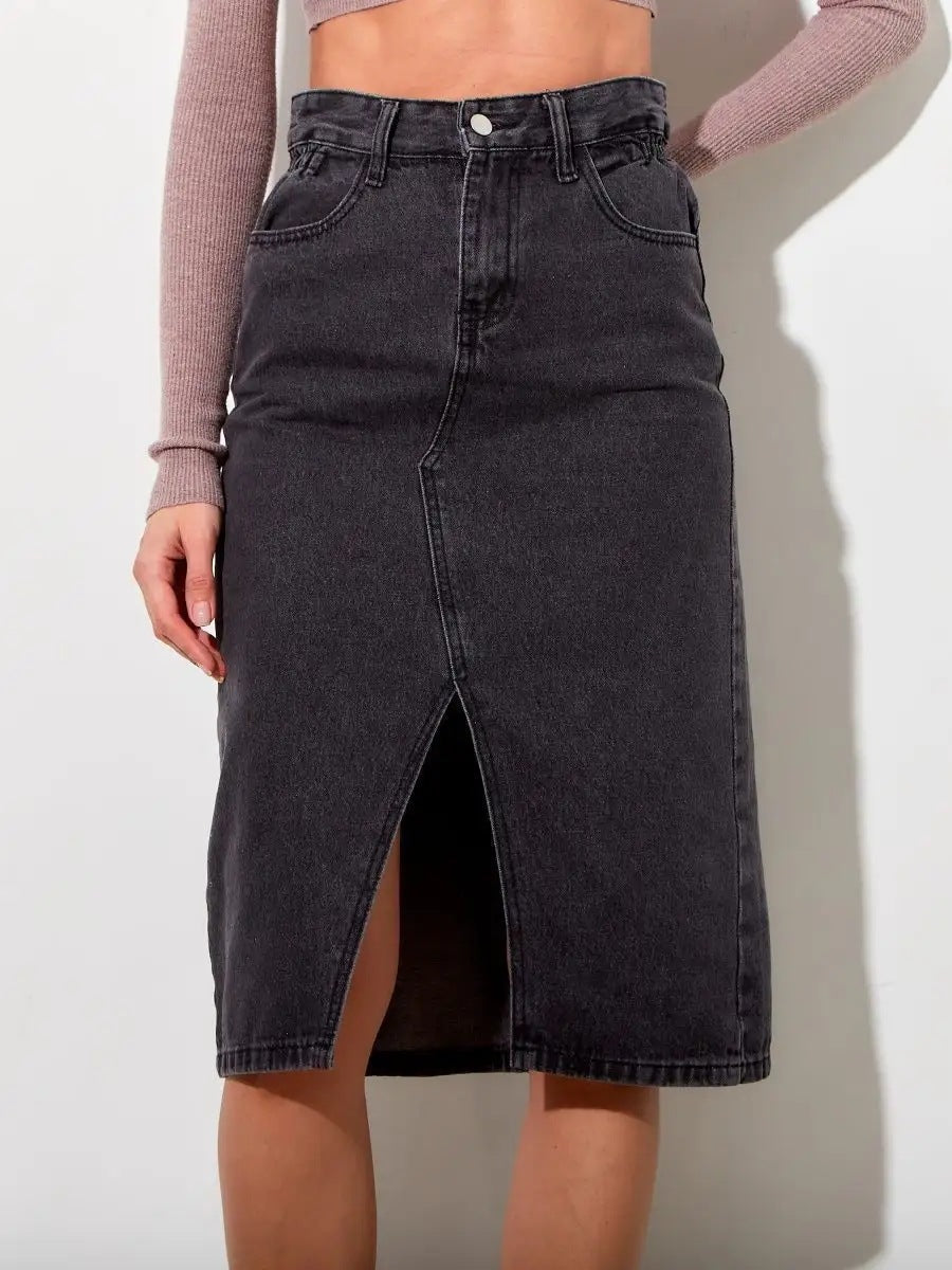 Damen denim Midirock mit hohem Schlitz und vielseitigem Design Heidi-Mode