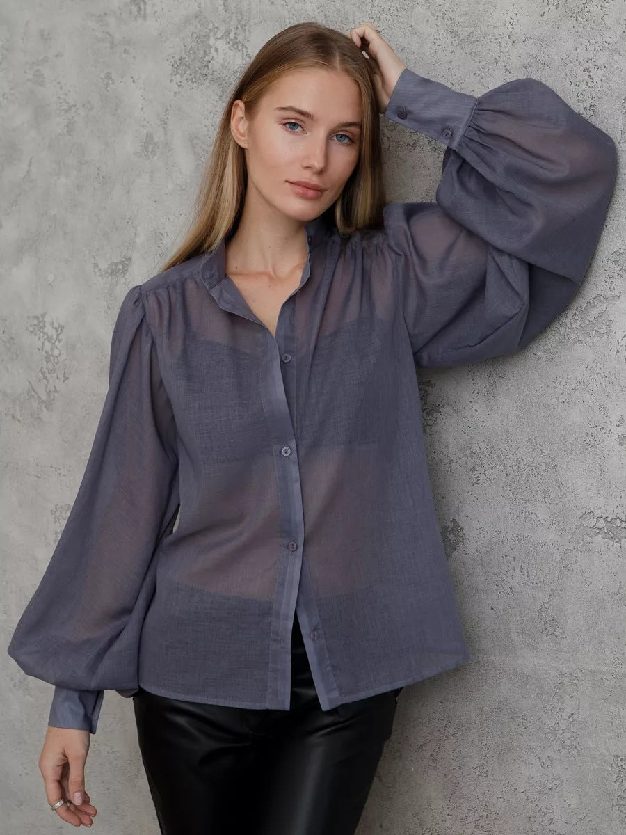 Damen Elegante Bluse mit voluminösen Puffärmeln und transparentem Stoff Heidi-Mode
