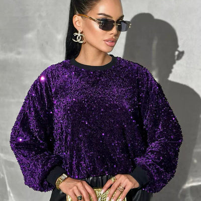 Damen Glitzernder Pullover mit oversized Schnitt und funkelndem Strass Heidi-Mode