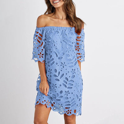 Damen Romantisches Off-Shoulder Kleid mit floralem Lochmuster und weit geschnittenen Ärmeln Heidi-Mode