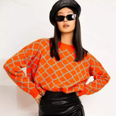 Damen lässiger Pullover mit stilvollem Mustermix und gerippten Bündchen Heidi-Mode