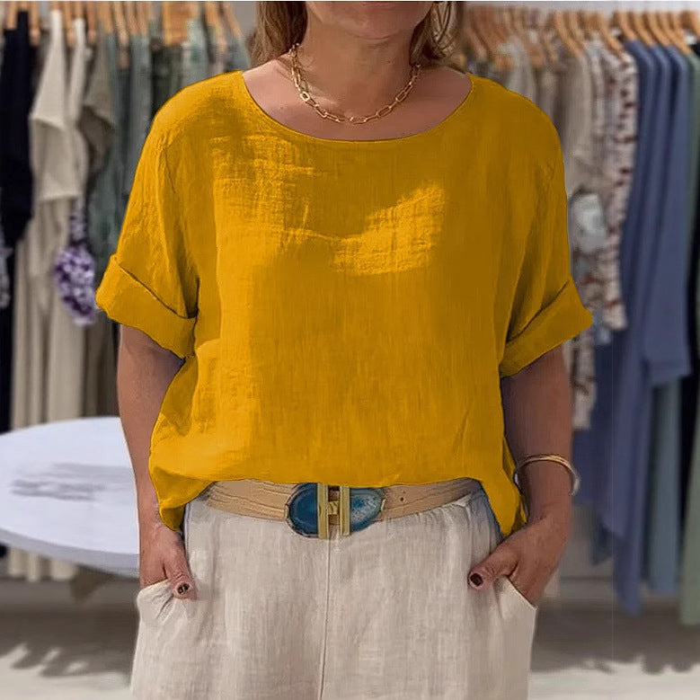 Damen lässige Leinenbluse mit umschlagbaren Ärmeln und elegantem Rundhalsausschnitt Heidi-Mode