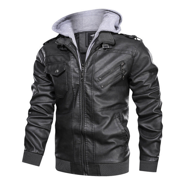 Herren Lederjacke mit abnehmbarer Kapuze und Taschen