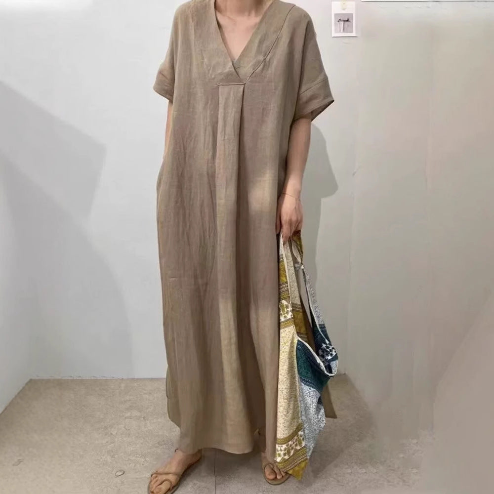 Damen Leichtes Sommerkleid mit V-Ausschnitt und kurzen Ärmeln Heidi-Mode