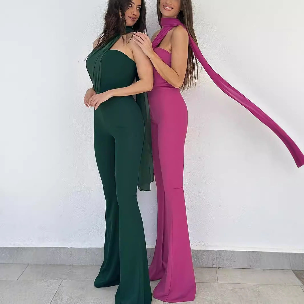 Damen eleganter Einteiler mit asymmetrischem Ausschnitt und schwingendem Saum Heidi-Mode