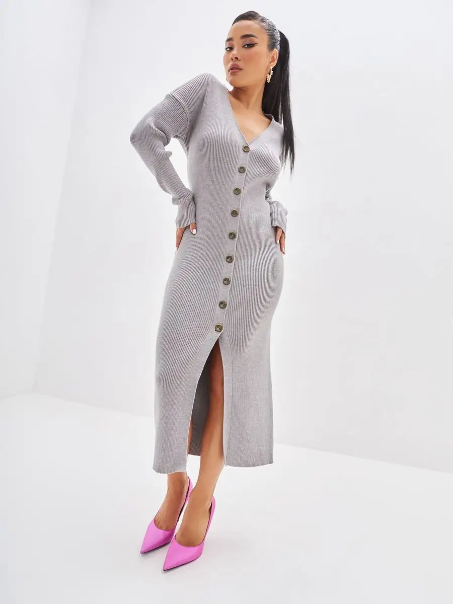 Damen Strickkleid mit V-Ausschnitt, Knopfleiste und figurbetonter Silhouette Heidi-Mode