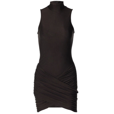 Damen figurbetontes Wickelkleid mit hohem Kragen und Rüschendetails Heidi-Mode