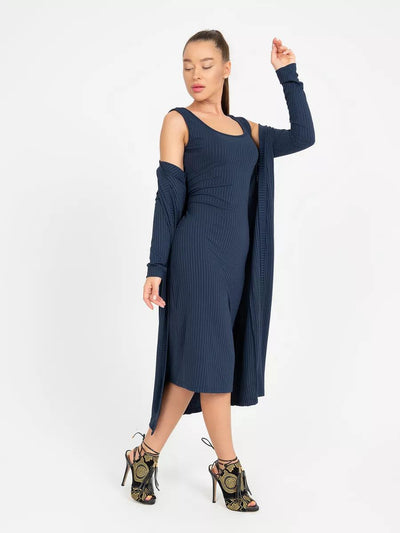 Damen gestreiftes Langarmkleid mit passendem Cardigan Heidi-Mode