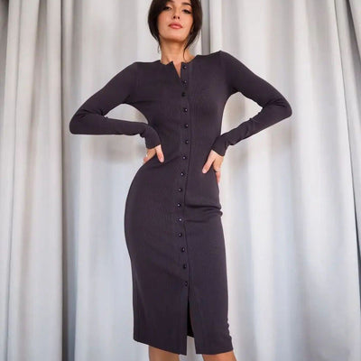 Damen figurbetontes Midi-Kleid mit Knopfleiste und elegantem V-Ausschnitt Heidi-Mode