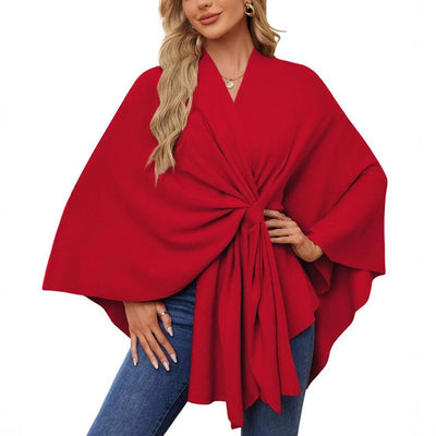 Damen eleganter Strickponcho mit raffinierten Drapierungen und Taillengürtel Heidi-Mode
