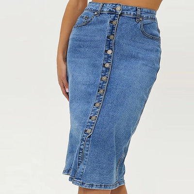 Damen Denim-Midirrock mit Knopfverschluss und hoher Taille Heidi-Mode