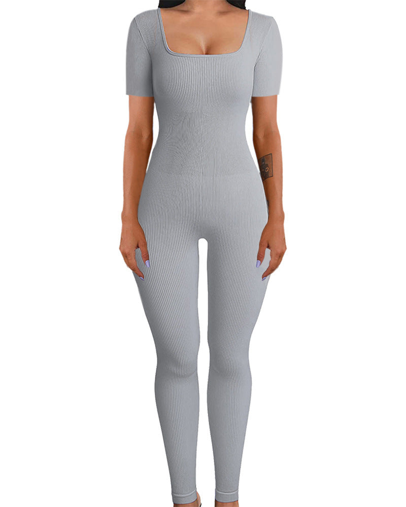 Damen figurbetontes Rippstrick-Jumpsuit mit quadratischem Ausschnitt Heidi-Mode