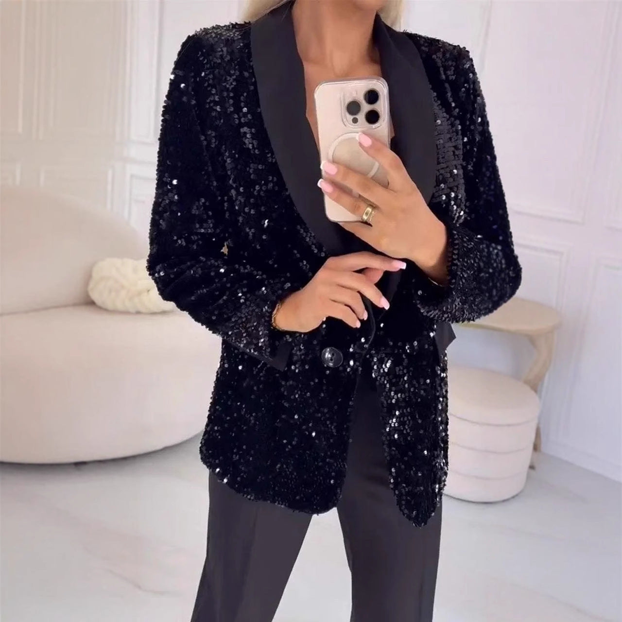 Damen eleganter Pailletten Blazer mit schimmerndem Revers Heidi-Mode