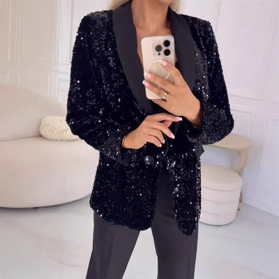 Damen eleganter Pailletten Blazer mit schimmerndem Revers Heidi-Mode