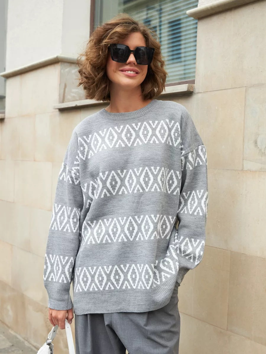 Damen lässiger Strickpullover mit geometrischem Muster Heidi-Mode