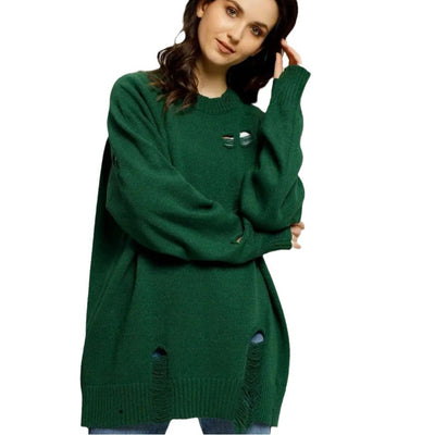Damen Oversized Strickpullover mit Fransen und Loch-Design Heidi-Mode