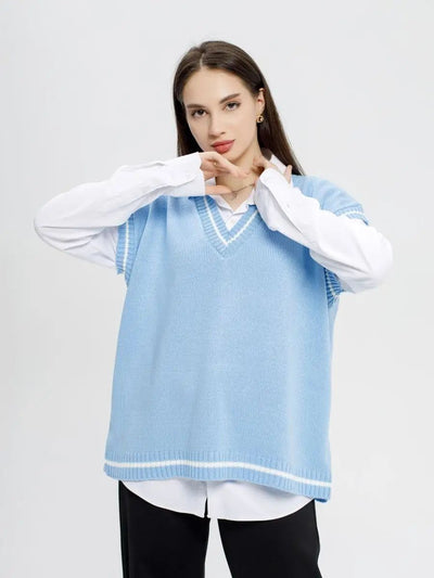 Damen Strickweste mit v-förmigem Ausschnitt und sportlichen Akzenten Heidi-Mode